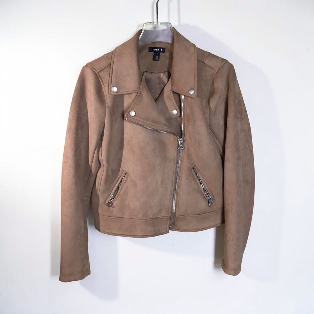 Torrid Faux Suede Stretch Asymmetrical zip Tan Moto Jacket Sz. 10 Biker Capsule